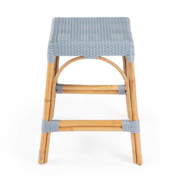 Spritely Home Accent Furniture Robias 24.5 in. Seat Height Rectangular Rattan Backless Counter Stool with Footrest, Baby Blue/ Natural Rattan Frame For Sale - Image 4 of 9