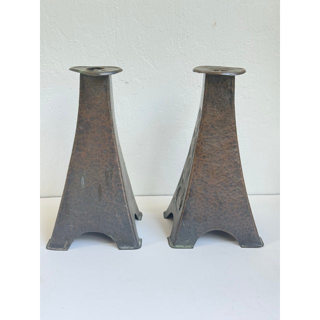 1900 - 1909 Antique Original Arts & Crafts Hammered Copper Candle Sticks a Pair C. 1905 For Sale - Image 5 of 12