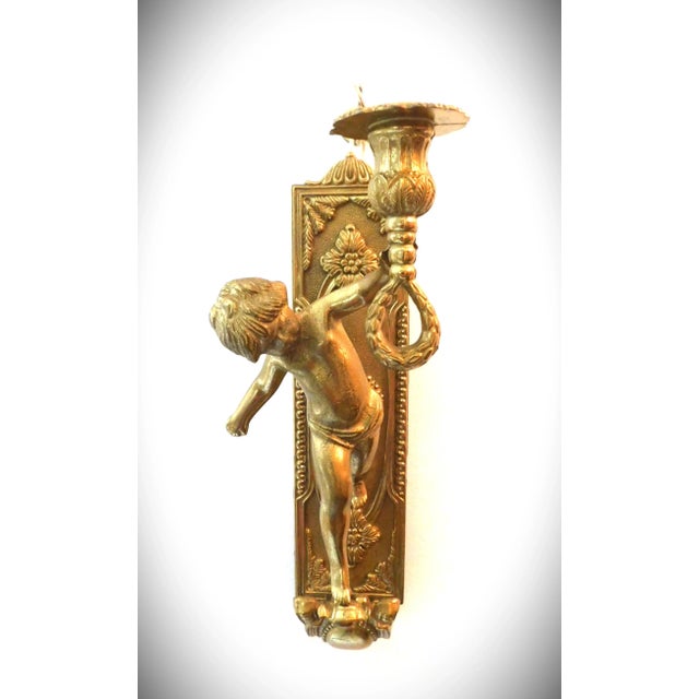 French Provincial Vintage Brass Metal Cherub Wall Candle Holder For Sale - Image 3 of 12
