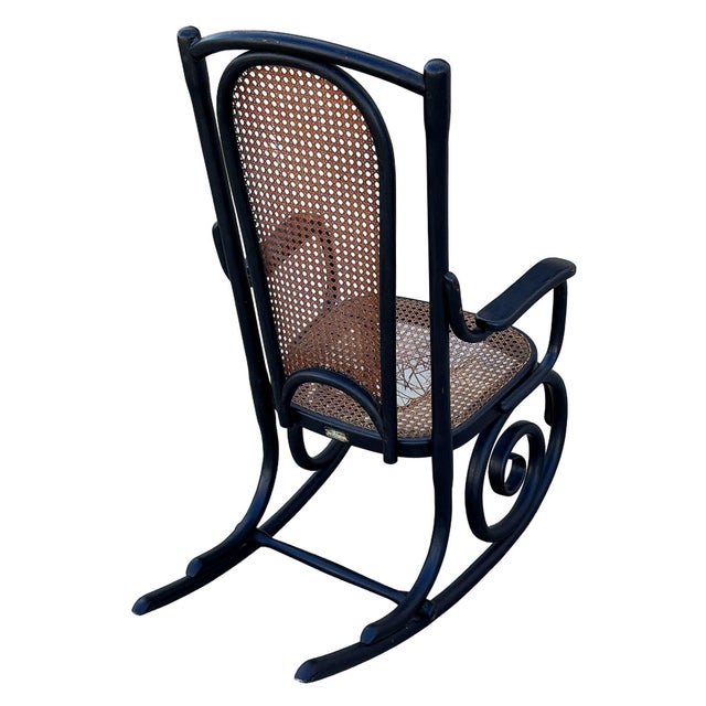 Wood Mid-Century Era Bent Oak & Cane Scrolling Rocking Chair by Thonet Hermanos For Sale - Image 7 of 8