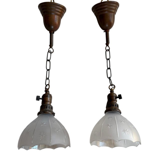 Mid-Century Modern Antique Starburst Wheel Cut Hanging Pendant Lights - a Pair For Sale - Image 3 of 10