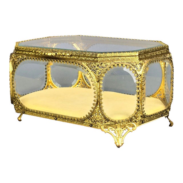 Large Antique French Ormolu Beveled Glass Jewelry Casket or Dresser Box For Sale