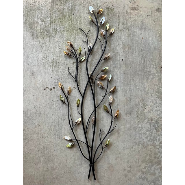 Curtis Jere-Style Wrought Iron Mother of Pearl Leaves Branches Wall Hanging For Sale - Image 9 of 12