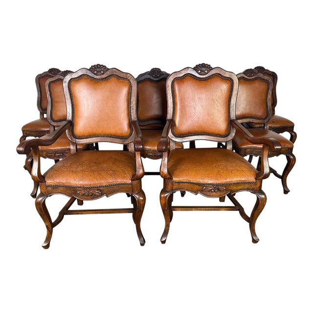Set of Ten French Carved Wood Dining Chairs With Leather Upholstery For Sale