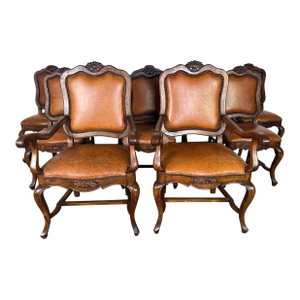 Set of Ten French Carved Wood Dining Chairs With Leather Upholstery
