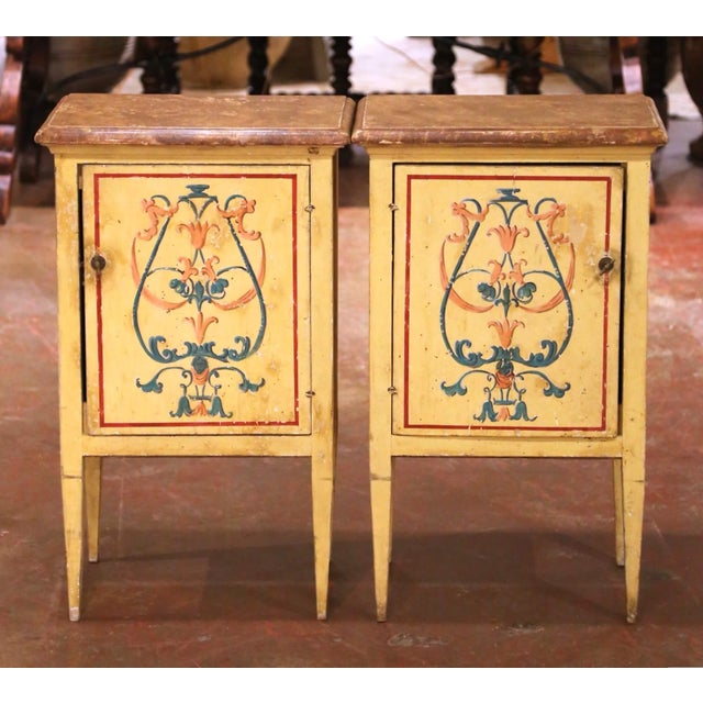 Pair of 19th C. Italian Neoclassical Painted Nightstands With Faux Marble Tops For Sale - Image 4 of 11