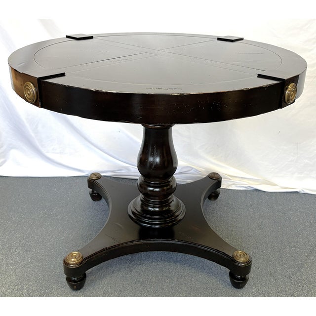 Wood Vintage Neoclassical Style Round Pedestal Table With Brass Medallion Accents For Sale - Image 7 of 17
