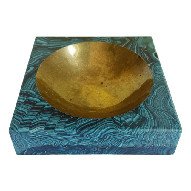 Aldo Tura Vide Poche, Brass & Faux Malachite, Italy 1960s, Attributed For Sale