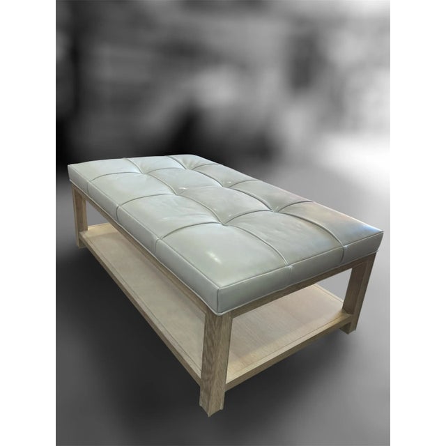 Highland House Highland House 1399-48 Franco Cocktail Ottoman With Off-White Tufted Leather Cushion and Lower Oak Shelf For Sale - Image 4 of 18