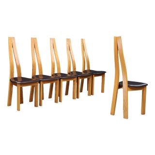 Sculptural Elm and Black Leather Dining Chairs, France, 1970s, Set of 6 For Sale