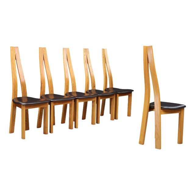 Sculptural Elm and Black Leather Dining Chairs, France, 1970s, Set of 6 For Sale