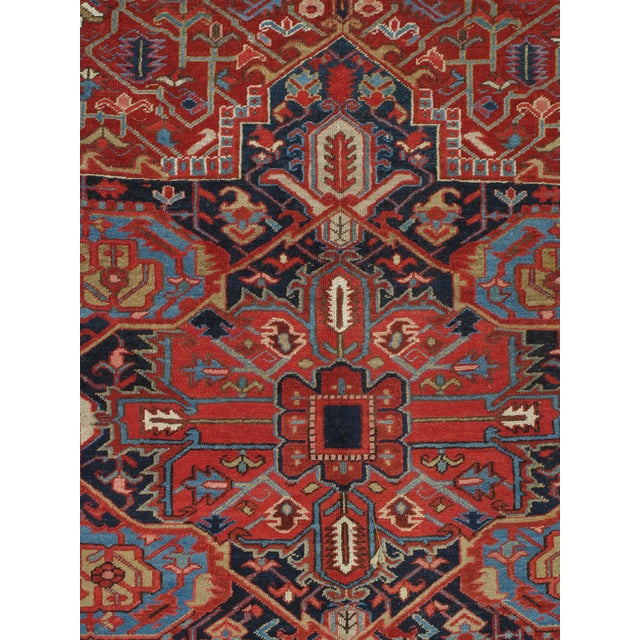 Early 20th Century Antique Persian Heriz Carpet Handmade Wool Oriental Rug, Rusty/Red Field, Navy For Sale - Image 5 of 18