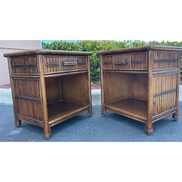 Wood Vintage Coastal Rattan & Carved Wood Nightstands With Glass Tops – Pair For Sale - Image 7 of 11