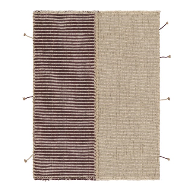 Rug & Kilim’s Accent Kilim, Square Rug in Textural Purple and Cream Stripes For Sale