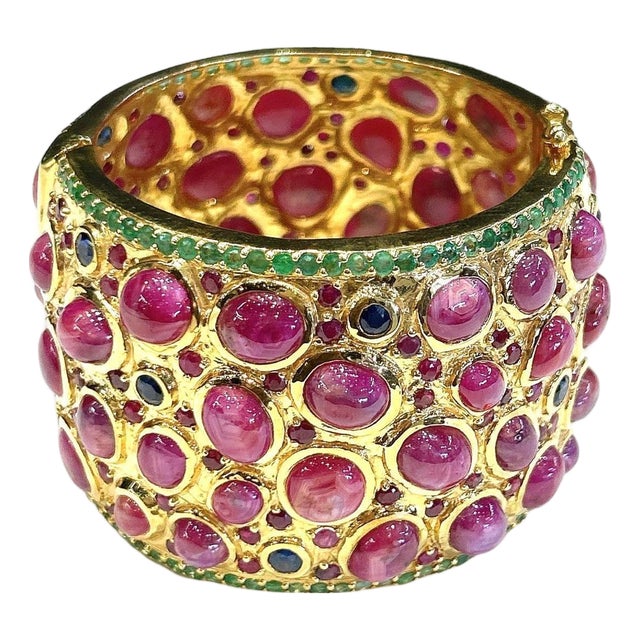Bochic "Capri" 167 Carat Multi Ruby & Emerald Cuff Set In 18K Gold & Silver For Sale