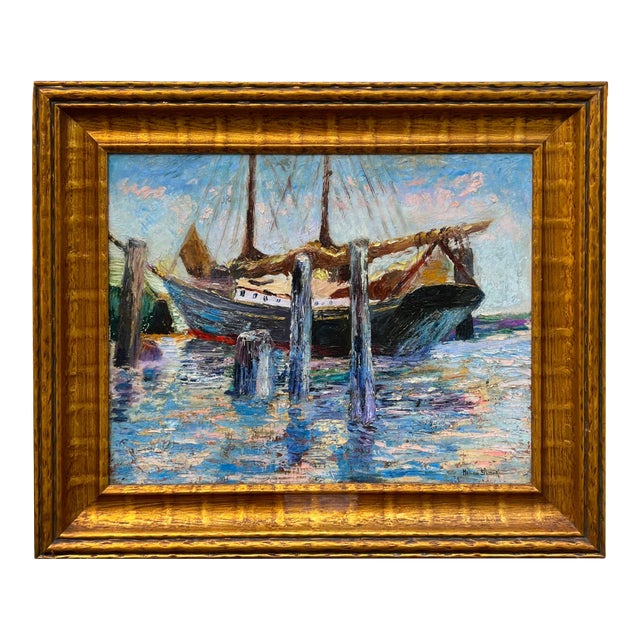 Helene Samuel Impressionist Harbor Painting on Canvas For Sale