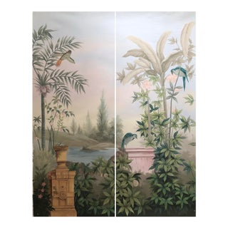 36" * H96" * 2ps, Hand-Painted Morandi Misty Classical Garden Tropical Bird & Foliage Wall Mural, Neoclassical Tropical Landscape Mural For Sale