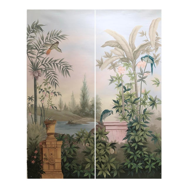 36" * H96" * 2ps, Hand-Painted Morandi Misty Classical Garden Tropical Bird & Foliage Wall Mural, Neoclassical Tropical Landscape Mural For Sale