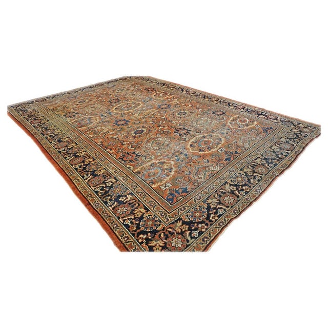Art Deco Antique Afghan Sultanabad Masters Wool 8 x 12 Navy, Orange, Red & Ivory Handmade Area Rug #1142130 For Sale - Image 3 of 8