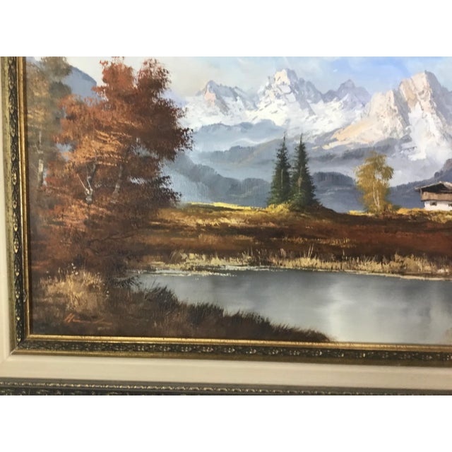 Masterfully executed oil on canvas classic European Alpine landscape -signed on the lower left The scenery highlights...