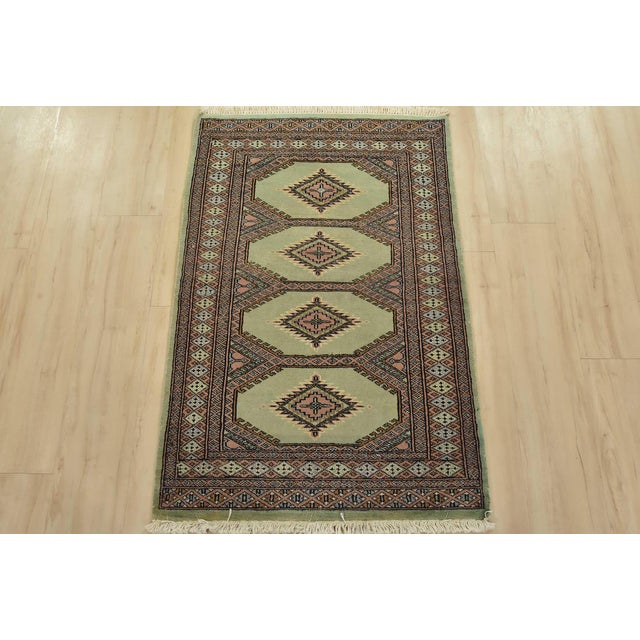 Tribal Bokhara Jaldar Rug 2’6” X 3’10” Green Wool Tribal Hand-Knotted Carpet For Sale - Image 3 of 9