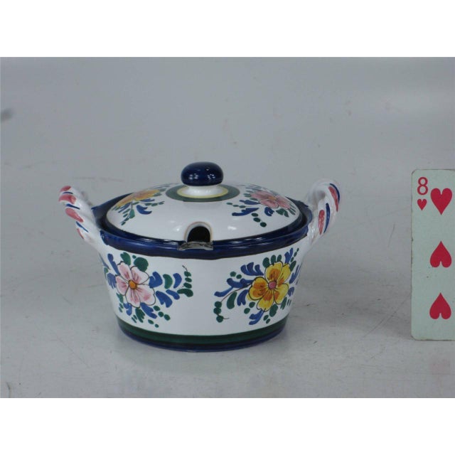 Late 20th Century Jelly / Jam Pot Italy, Hand Painted Art Pottery, Slotted Lid for Spoon & Handles For Sale - Image 11 of 12