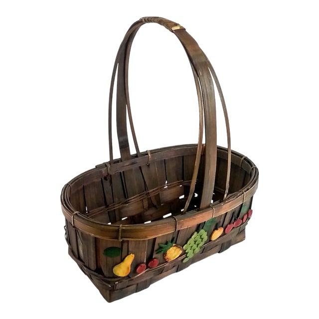 Vintage Oak Strapped Market Basket For Sale