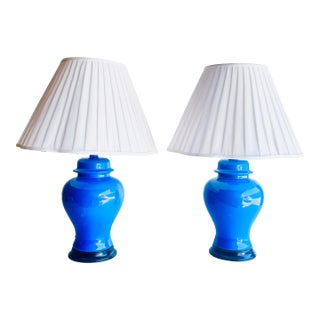 Vintage Blue Ceramic Ginger Jar Table Lamps – Bold Mid-Century Elegance (Set of 2) For Sale