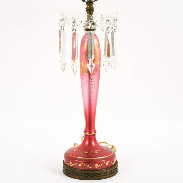 Decorative Ruby Red Glass Table Lamp With Crystal Prisms & Gilt Accents For Sale - Image 4 of 4