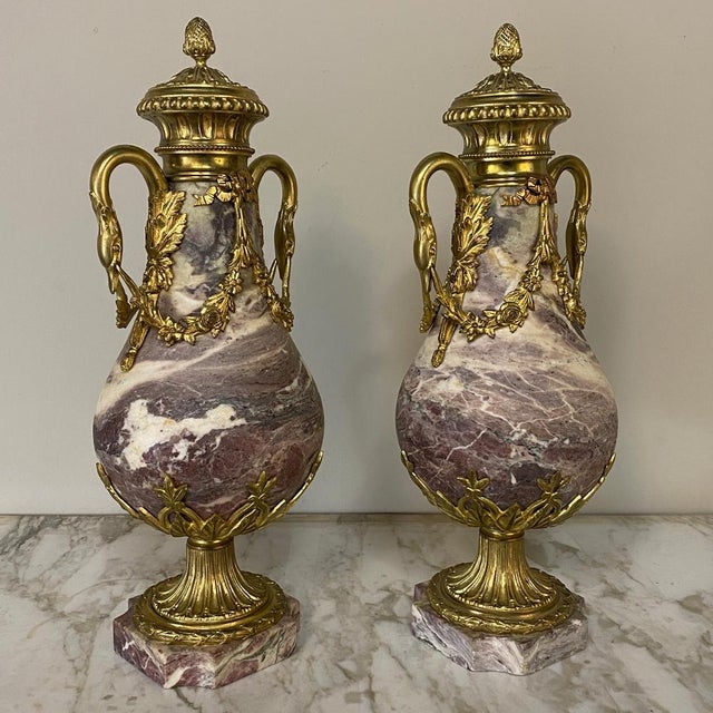 Pair 19th Century French Louis XVI Marble & Bronze d'Or Cassolettes For Sale - Image 4 of 13