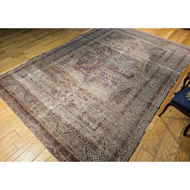 19th Century Persian Kerman Lavar Rug, Hand-Knotted Wool, Floral Pattern, Ivory & Burgundy, 9x13 For Sale In Chicago - Image 6 of 15