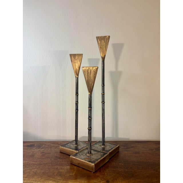 2000 - 2009 Vintage American Studio Sculptural Brutalist Steel and Bronze Candlesticks For Sale - Image 5 of 7