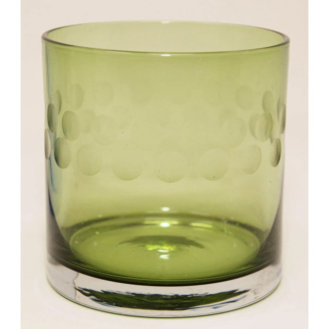 Set of Four Vintage Drinking Colored Crystal Glasses With Etched Design For Sale - Image 11 of 13