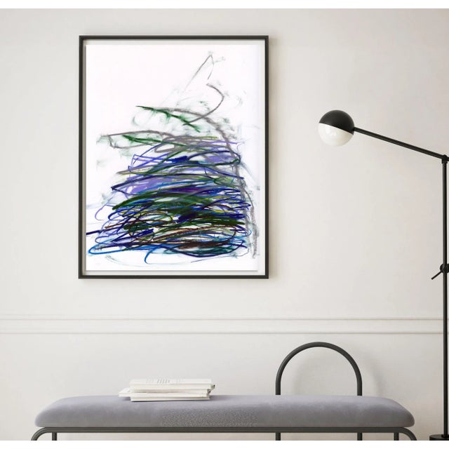 Dense gestural strokes build up in layers of rich hues and texture in this energetic abstract piece. Unframed Pigment...