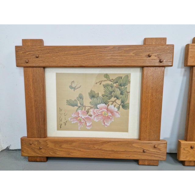1950s Chinese Hand-Painted Silk Artworks in Oak Frames, 1950s, Set of 2 For Sale - Image 5 of 9