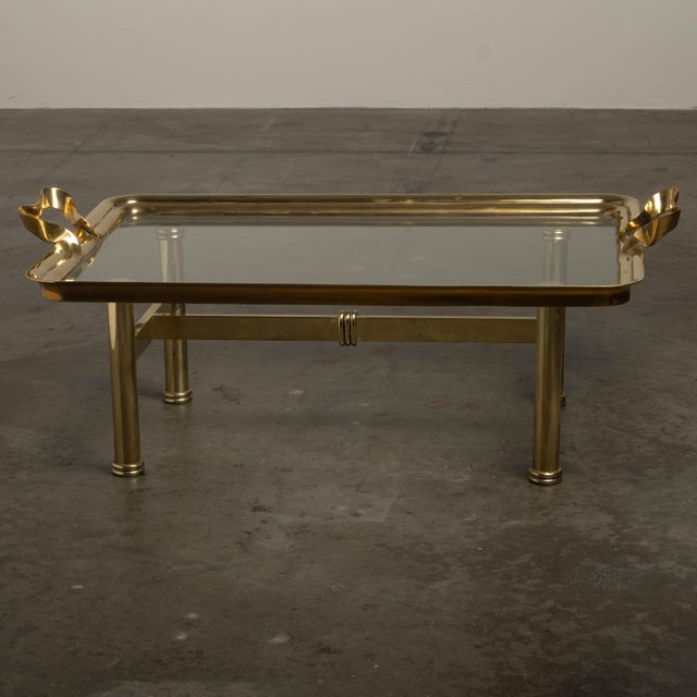 Mid-Century Modern 1980s Brass & Glass Coffee Table Glam Metal Chic Tray-Form For Sale - Image 3 of 11