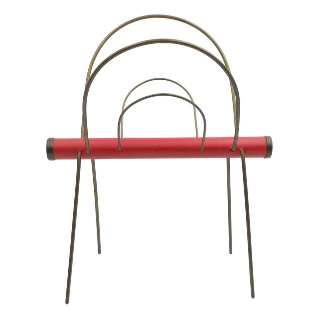 Brass Magazine Rack with Red Leather For Sale