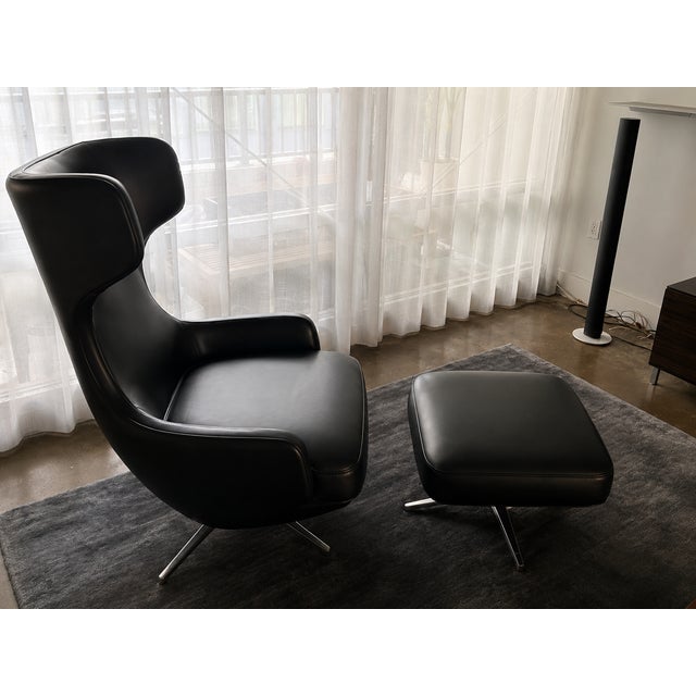 Cantoni Leather Recliner Lounge Chair and Ottoman Set in Genuine Top-Grain Leather With Stainless Steel Swivel Base For Sale - Image 9 of 12