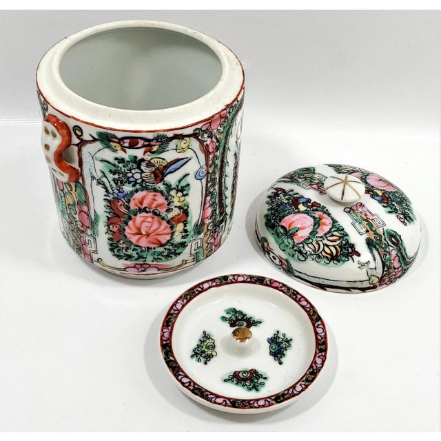 Metal Vintage Chinese Rose Medallion Porcelain Tea Canister With Phoenixes Butterflies and Pink Flowers For Sale - Image 7 of 12