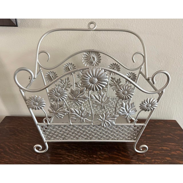 Vintage 20th Century Iron Silver Flowers Magazine Rack/Basket For Sale In Orlando - Image 6 of 11