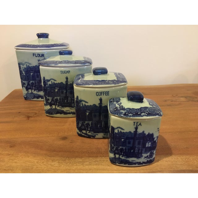 Blue Vintage Reproduction Ironstone Kitchen Canisters Set Of 4 Tea Coffee Sugar And Flour Chairish
