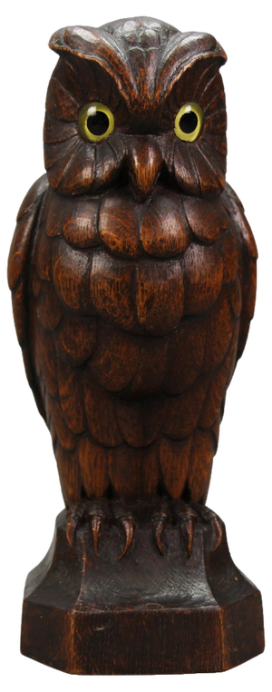 German Hand-Carved Oakwood Owl Sculpture with Glass Eyes, 1930s