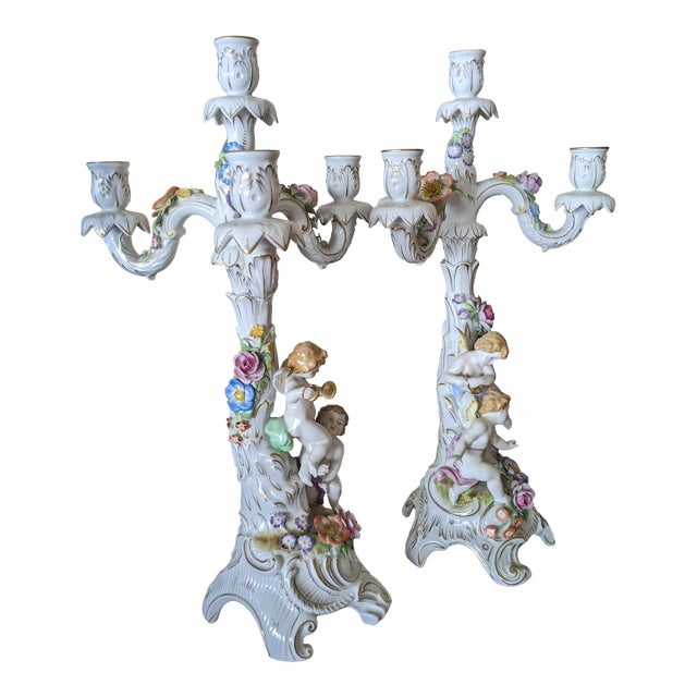 Romantic! Pair of Vintage Von Schierholz Porcelain Candelabra Cherub Putti Candelabra, Germany For Sale