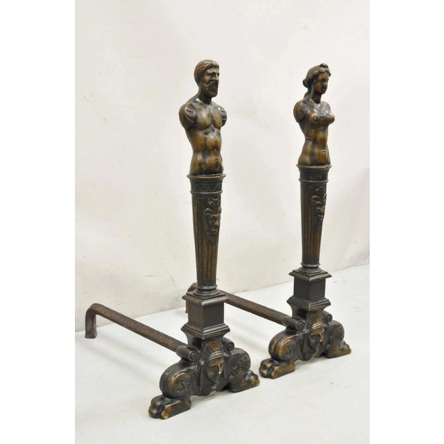 Antique French Renaissance Revival Large Figural Bronze Man and Woman Bust Andirons - a Pair. Item features a large...