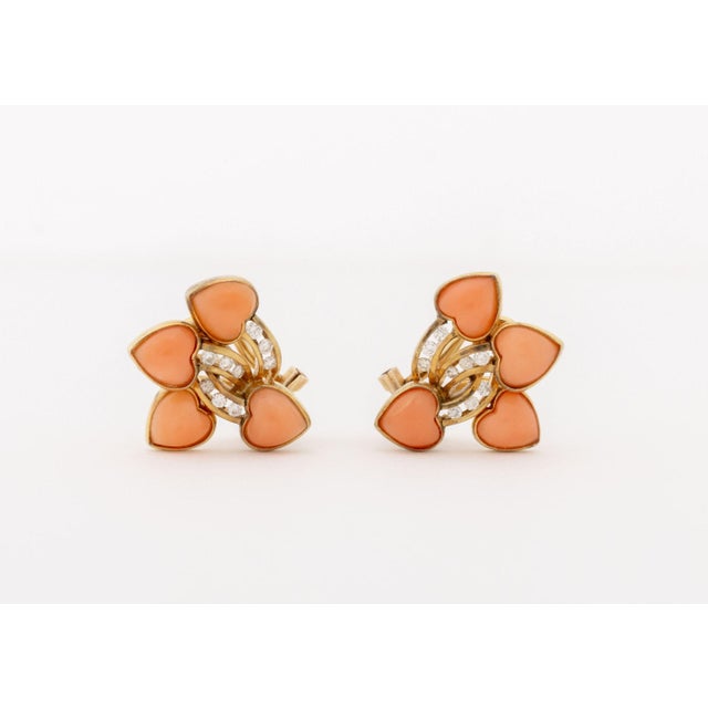 Late 20th Century Vintage Modernist 14k Yellow Gold and Coral Diamond Earrings For Sale - Image 5 of 7