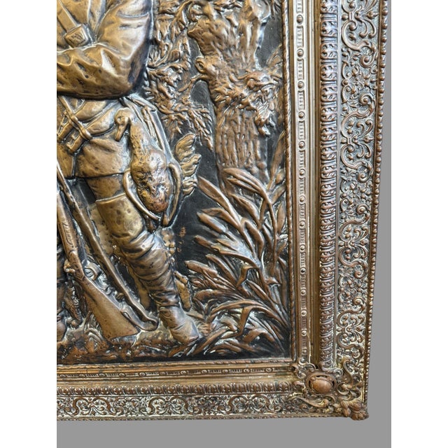 Wood Antique Brass Repoussé Hanging Scenic Plaque Hunter With His Dog & Game Animals For Sale - Image 7 of 11