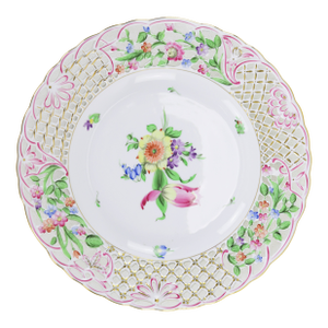 Elegant Hand-Painted Porcelain Plate – Floral Lace Design & Gold Accents
