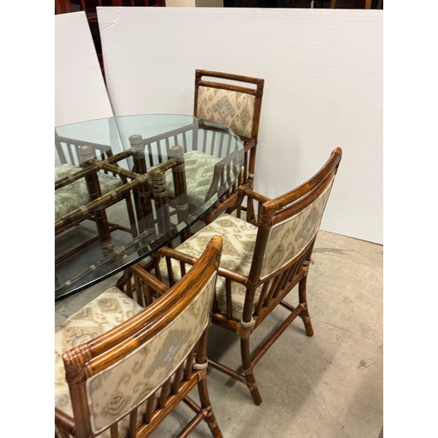 Glass McGuire Furniture Oval Glass Top Dining Table + Six Far East Collection Dining Armchairs, Vintage Set For Sale - Image 7 of 13