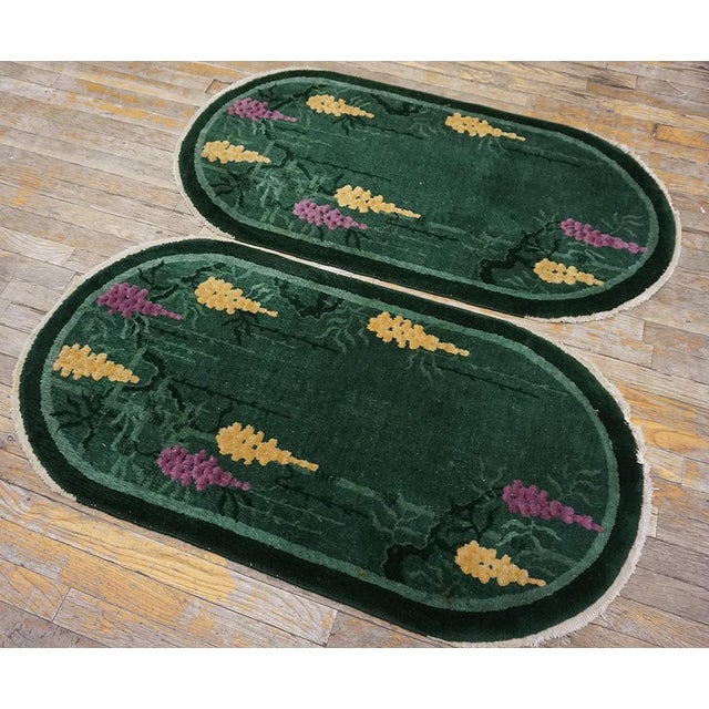 Beautiful Green Background Floral Pattern Pair of Antique Chinese Art Deco Rugs For Sale - Image 15 of 15