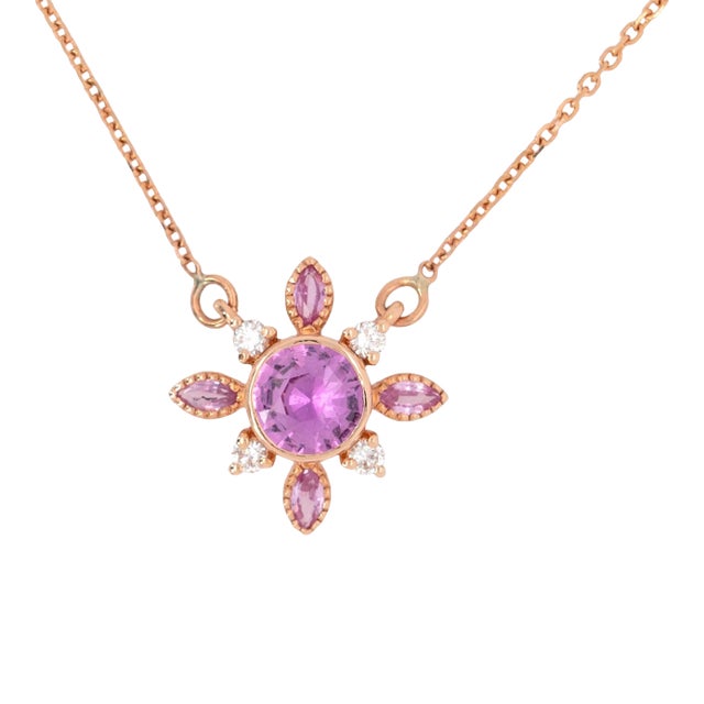Pink Sapphire Pendant, Diamond and Sapphire Accents: Solid 14k Gold With Chain For Sale